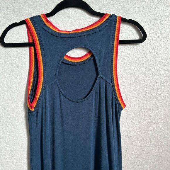 Small, Pink Rose dress, blue, multicolored stripes trim, T-shirt dress - Picture 3 of 8